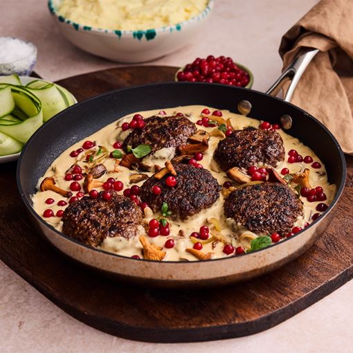Pannbiffar i mustig svamp och löksås